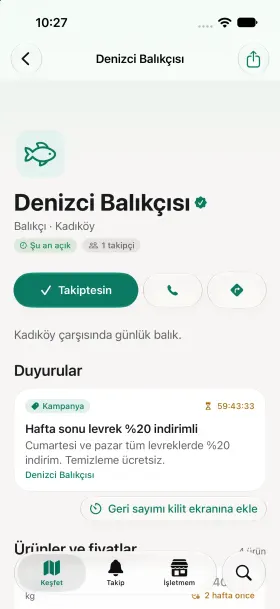 İşletme ekranı: onaylı balıkçı, kampanya duyurusu ve ürünler