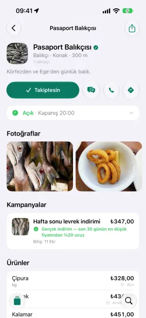 İşletme ekranı: doğrulanmış bir balıkçı, kampanyası ve ürünleri