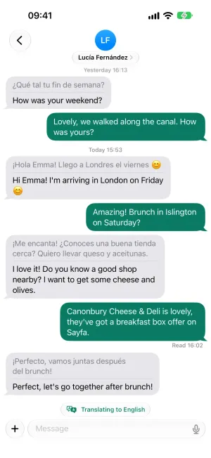 Chat screen: messages in two languages, each translated into the reader’s language