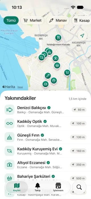 Sayfa Keşfet ekranı: harita üzerinde yakındaki işletmeler ve mesafeleriyle bir liste