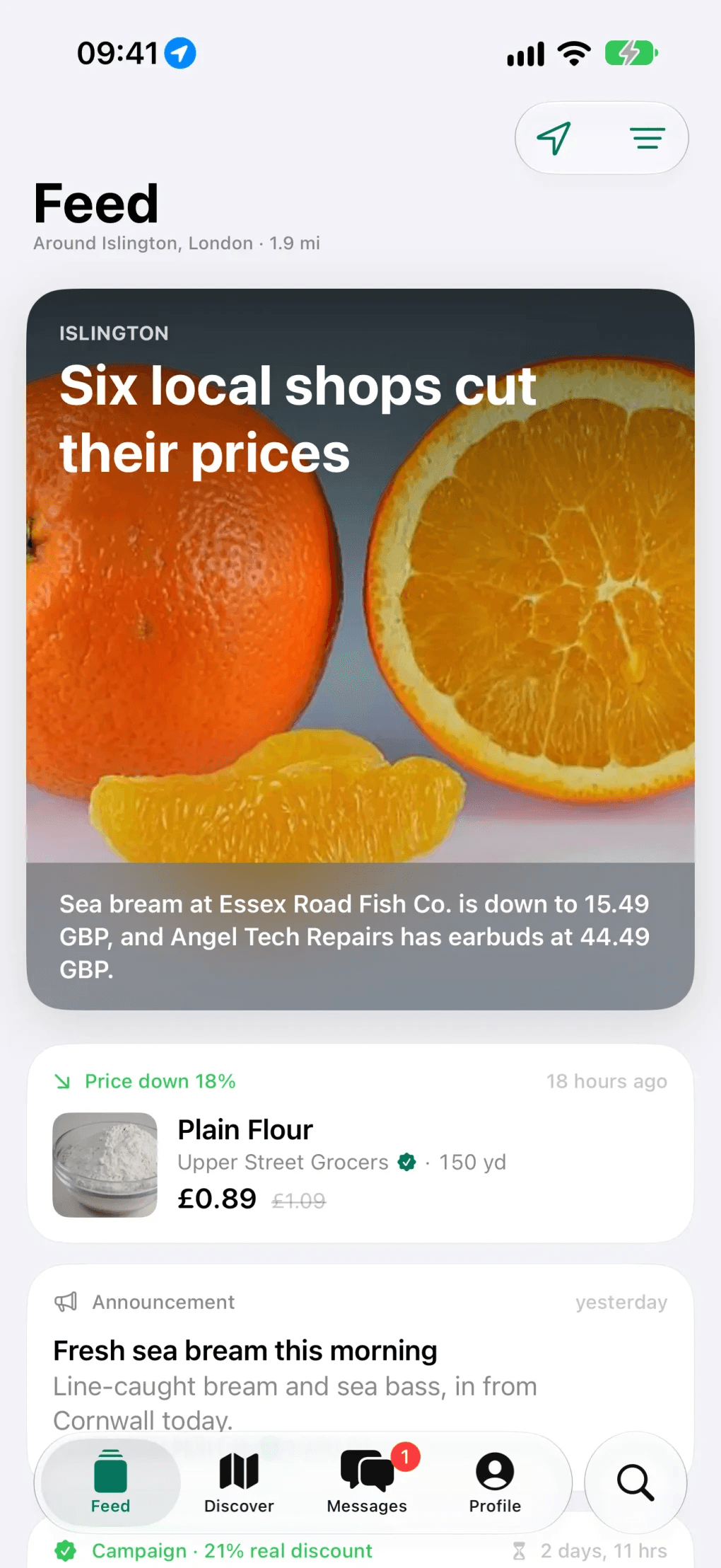 Feed screen: price drops, campaigns and announcements nearby