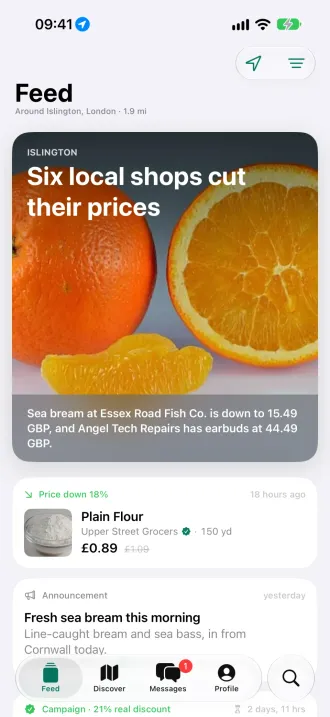Feed screen: price drops, campaigns and announcements nearby