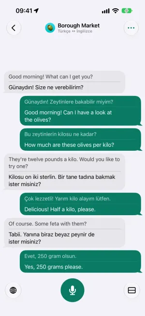 Tercüman ekranı: yüz yüze bir konuşma, her satır iki dilde