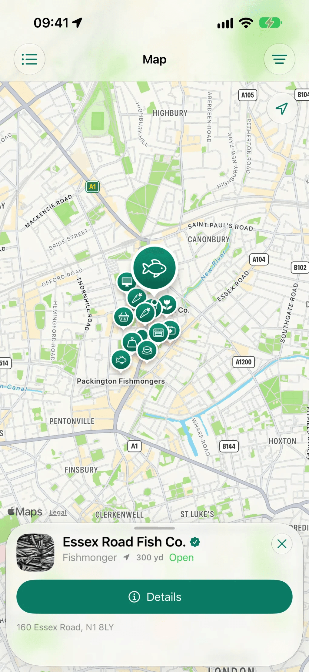 Map screen: nearby businesses and the card of a selected fishmonger