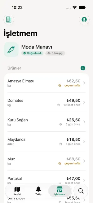 İşletmem ekranı: doğrulanmış bir manav, ürünleri ve fiyatları