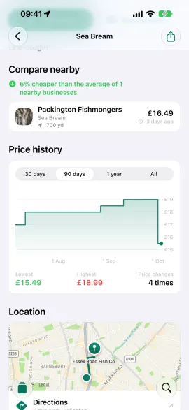 Product screen: nearby price comparison and price history chart