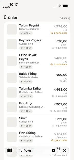 Arama sonuçları: peynir araması için ürünler, fiyatlar, mesafeler ve fiyat yaşları